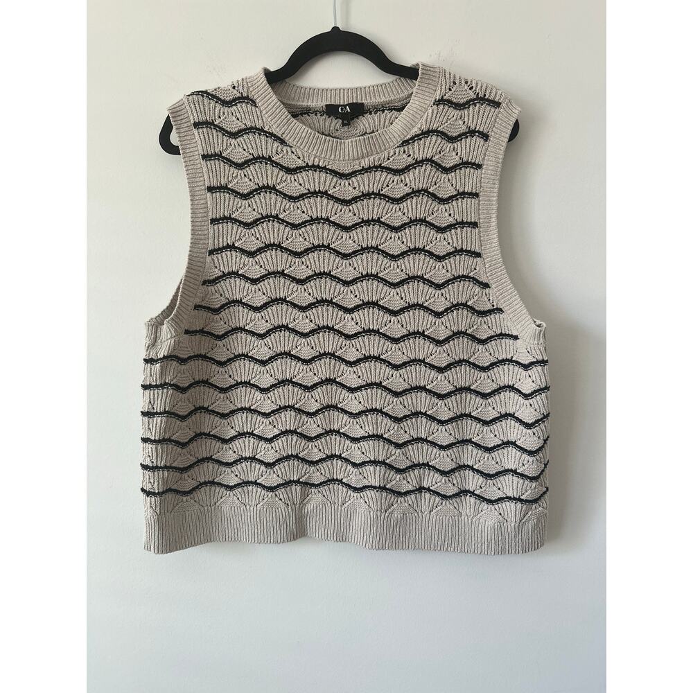 C&A Pullover Sweater Vest Women's X-Large Tan & Navy Tight Knit Crew Neck Cotton